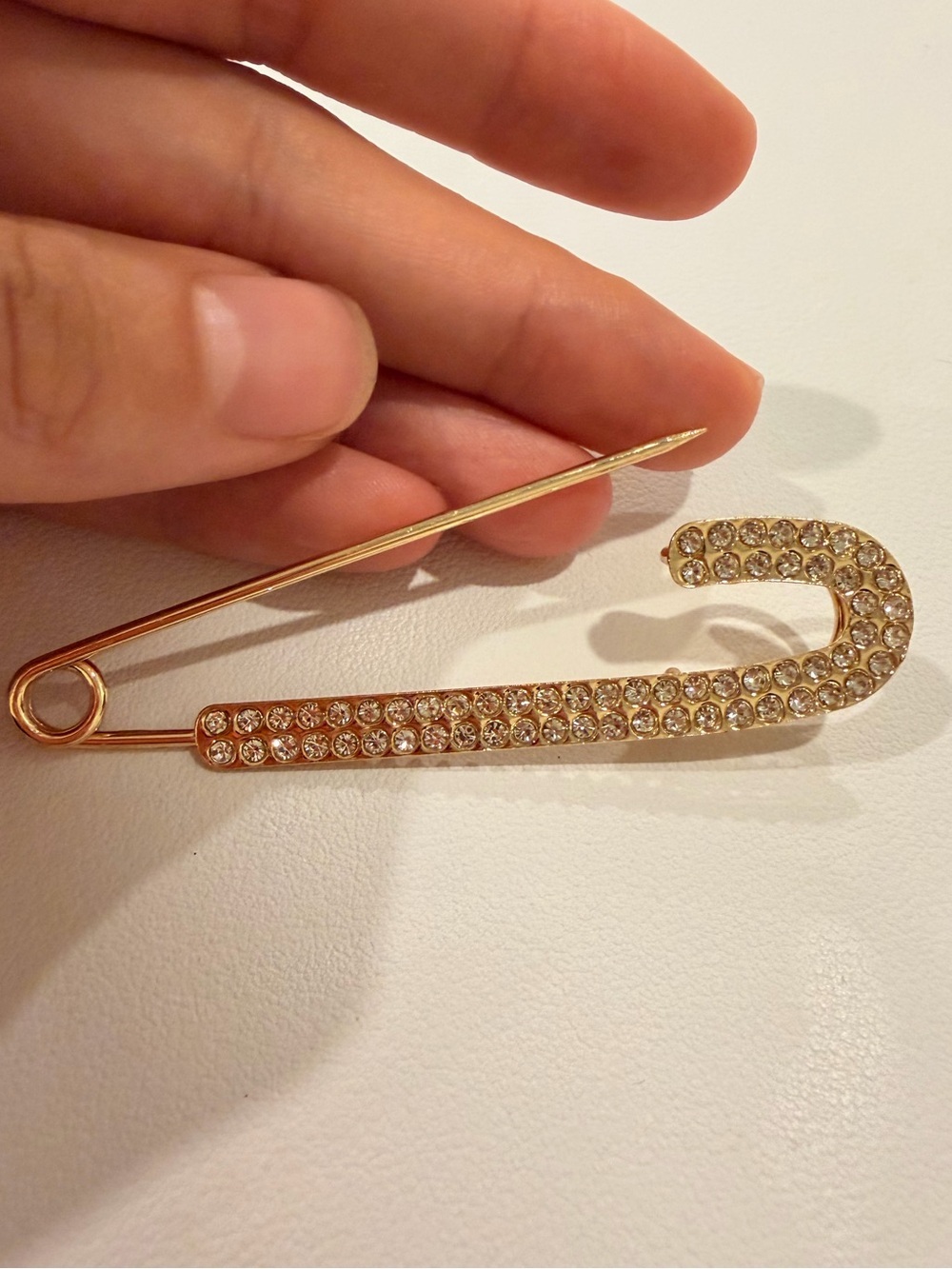 Gold Crystal-Embellished Safety Pin Brooch